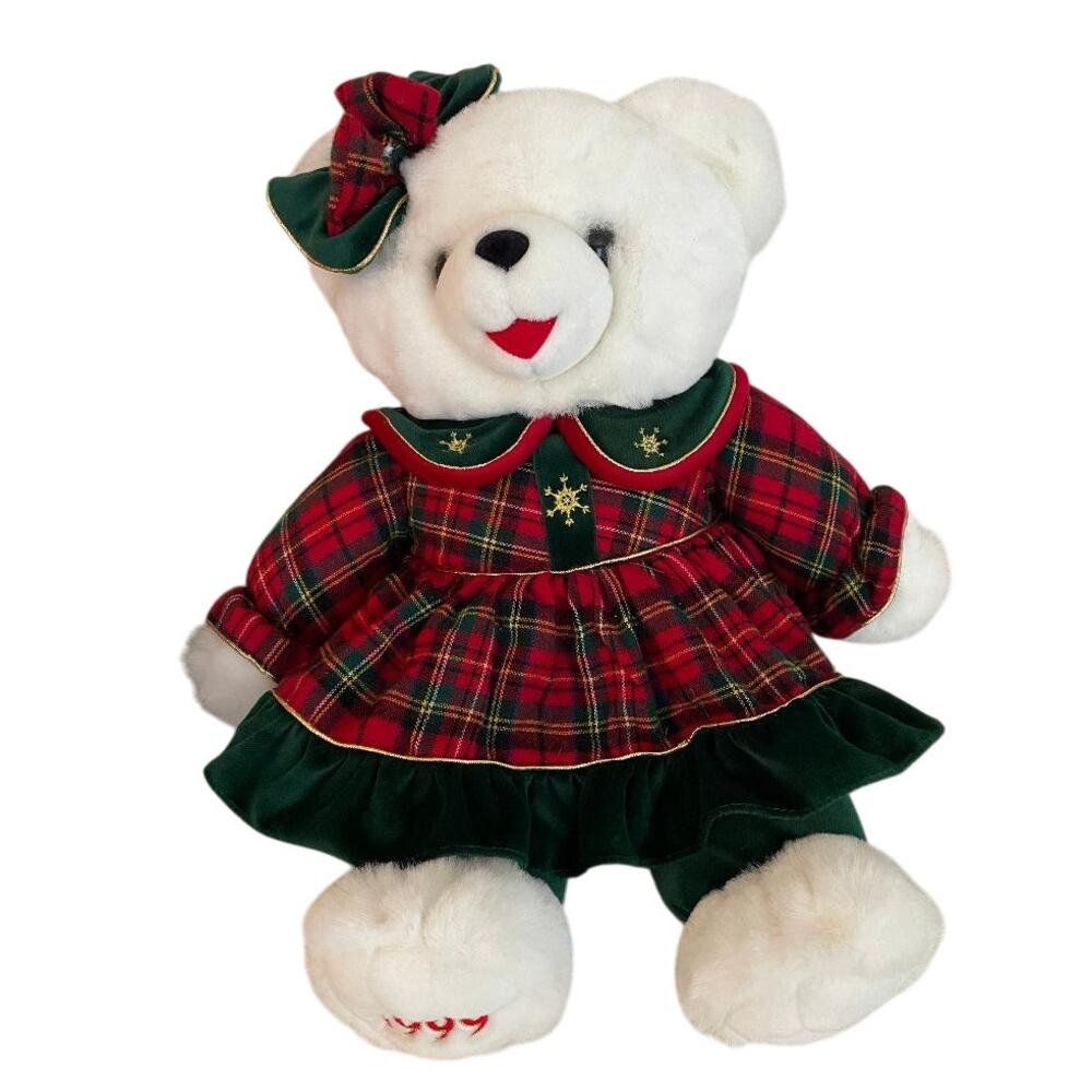 Vintage Dan Dee Christmas Snowflake Teddy Bear Plaid Dress Stuffed Animal 21"